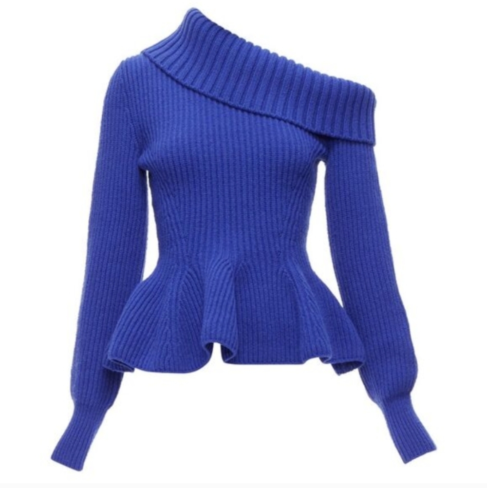 Alexander McQueen cobalt wool cashmere off shoulder peplum ribbed sweater